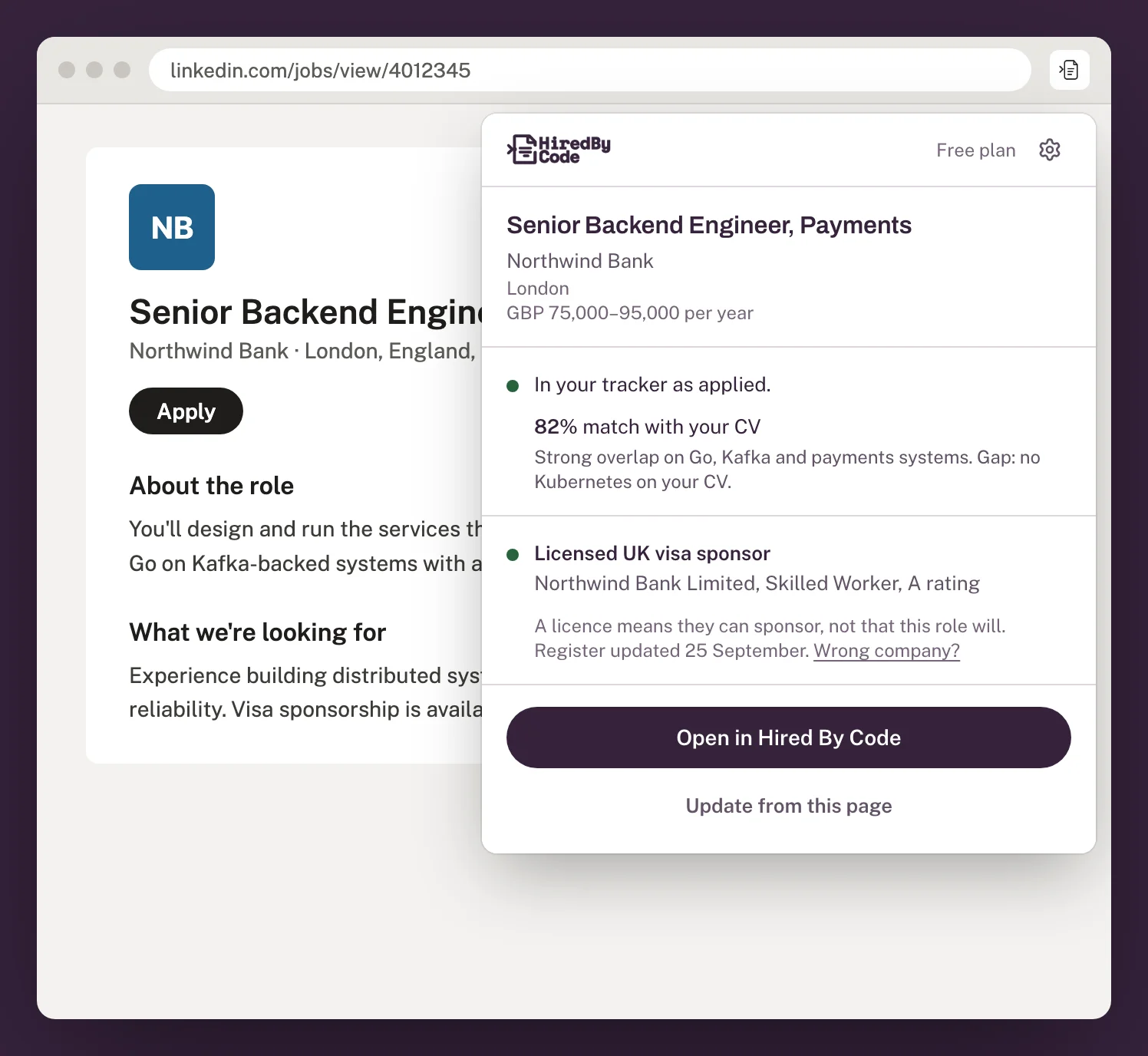 The extension showing a saved job with an 82% match with your CV, the skills that overlap and a gap to address.