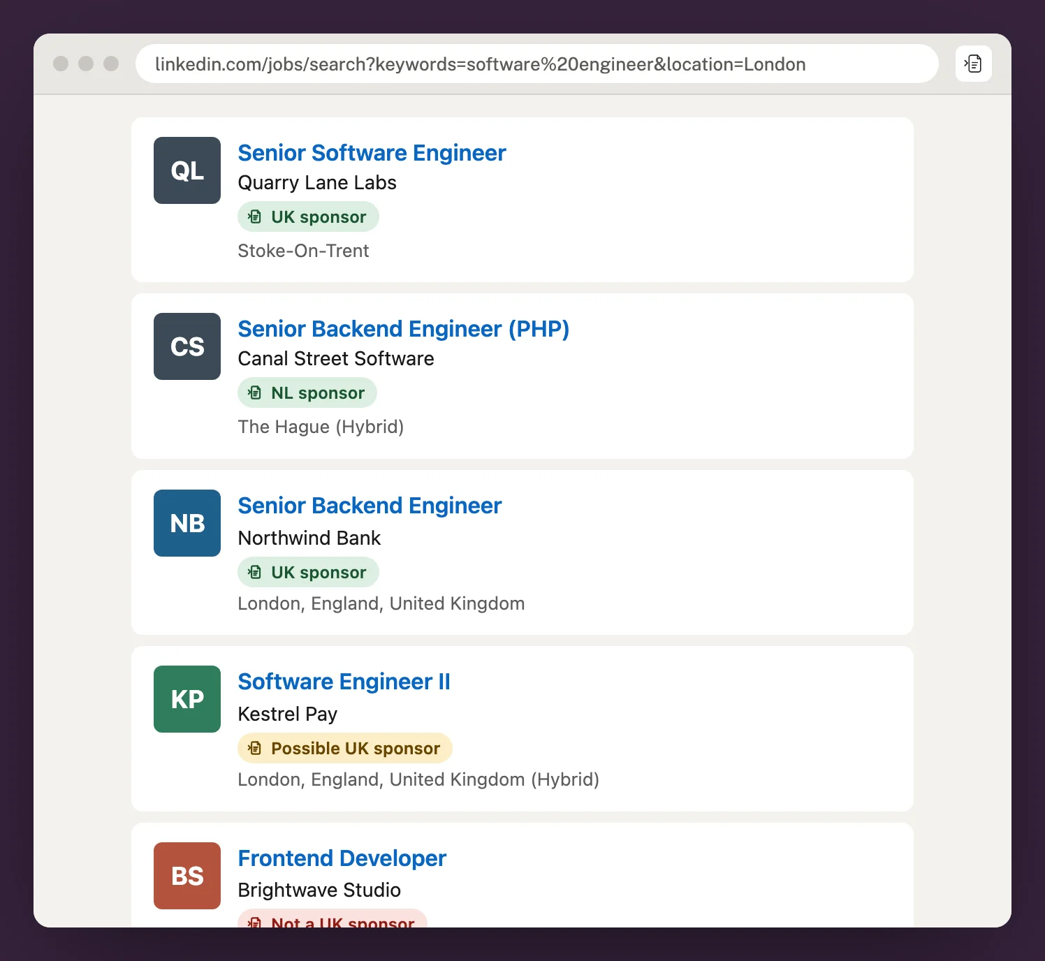 LinkedIn search results with UK sponsor and NL sponsor badges under each employer.