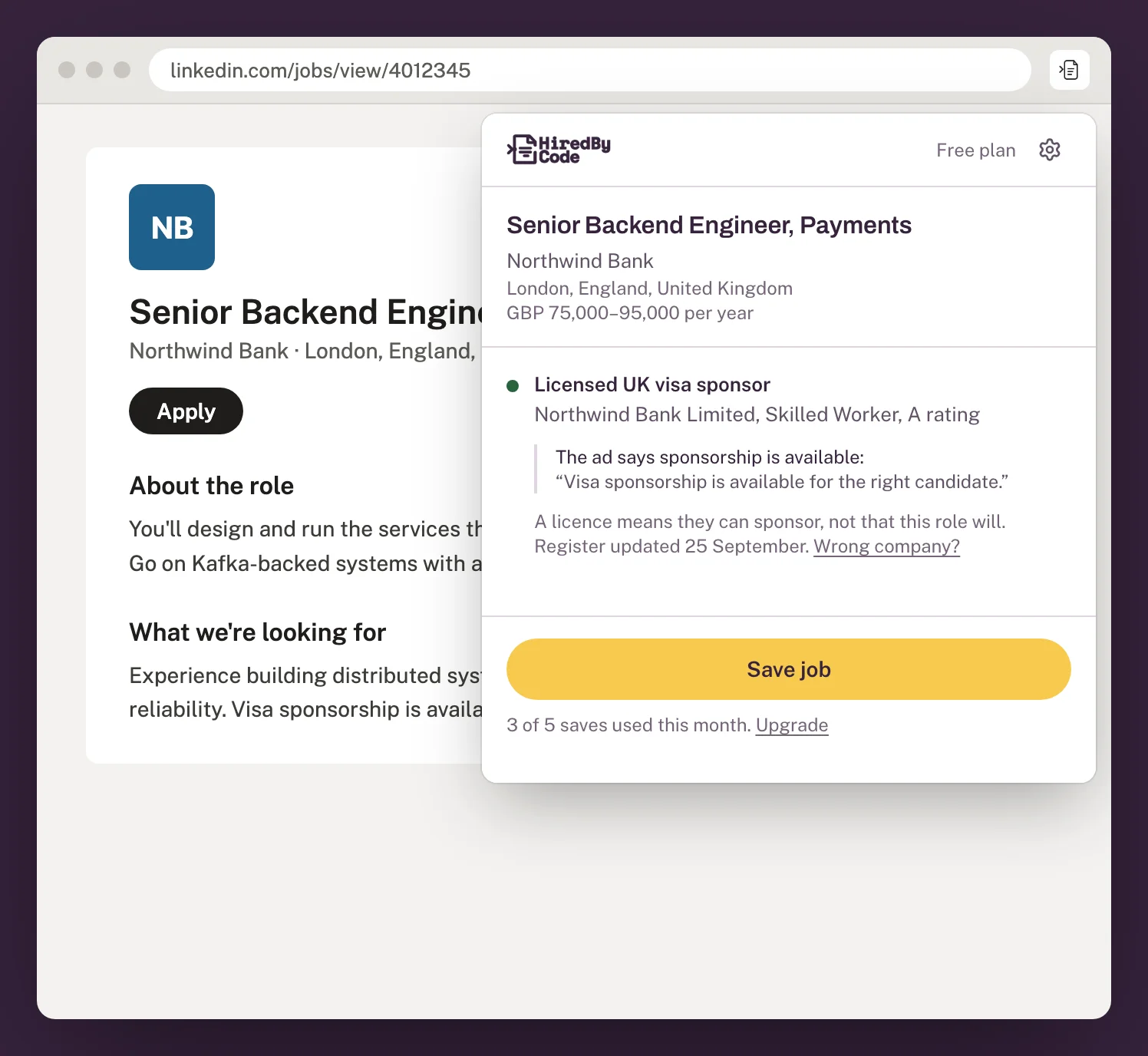 The Hired By Code extension on a LinkedIn job, showing a licensed UK visa sponsor with a Skilled Worker A rating and a Save job button.
