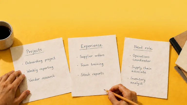 Notes about projects, experience and a next role on a yellow desk.